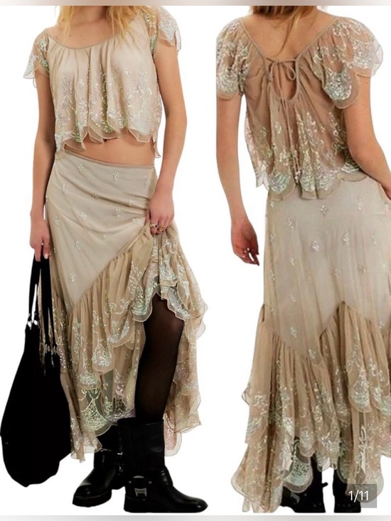 Free People Dresses & Skirts - Free People Beige Sequin Embellished Two-Piece Skirt Set